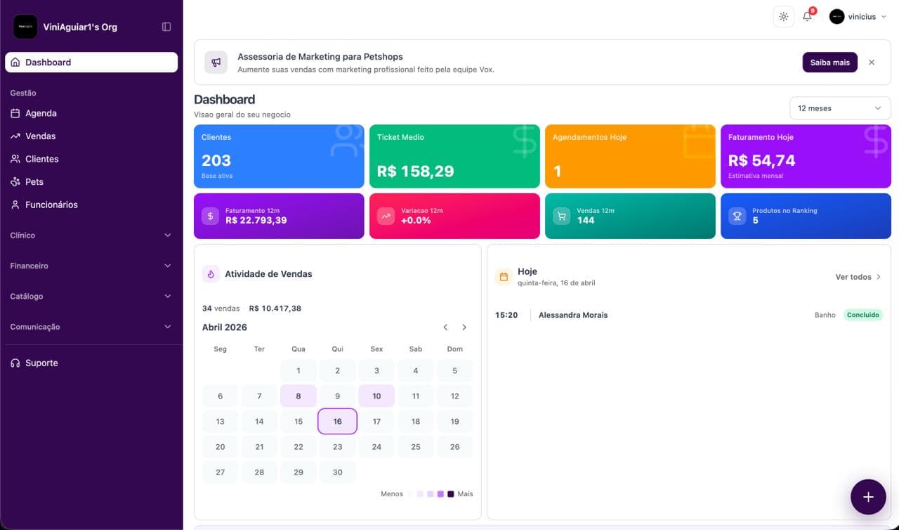 Vox Pet Digital — Dashboard principal com métricas da clínica