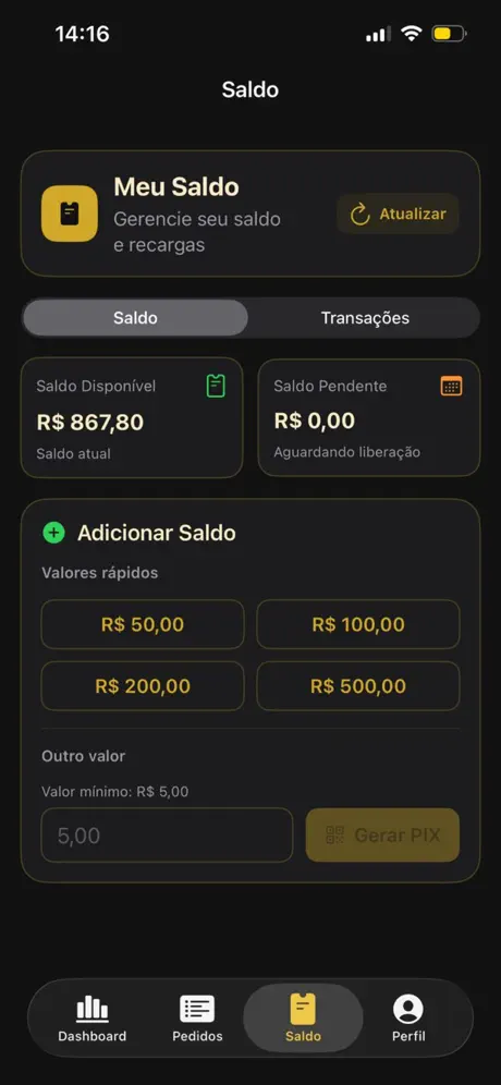 X-Drop iOS App — Tela de saldo com PIX e gestão financeira